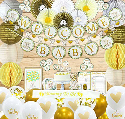 Picture of 250 Piece Elephant Theme Baby Shower Decorations for Boy or Girl Kit -Gender Neutral Welcome Baby Pre-Strung Banners, Garland Guestbook, Sash Gold White Confetti Balloons, Cake Toppers Paper Decor, Napkins, Straws, Games & Thank You Stickers