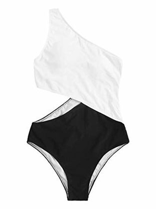 Picture of SweatyRocks Women's Bathing Suits One Shoulder Cutout One Piece Swimsuit Swimwear Monokini Black and White Medium