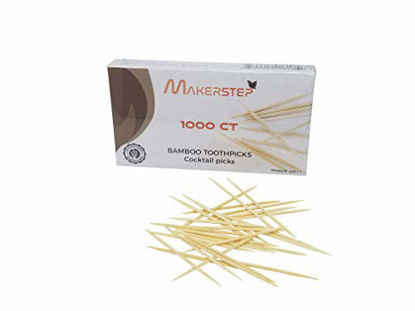 Picture of Makerstep 100% Natural Bamboo Toothpicks 1000 Pieces, Sturdy Cocktail Safe Large Round Storage Box Party Appetizer Olive Barbecue Fruit Teeth Cleaning Art Crafts
