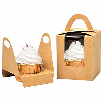 Picture of Kraft Cupcake Boxes,50pcs Single Cupcake Carrier with Window Insert and Handle Kraft Pastry Containers Muffins Cupcake Carriers for Bakery Wrapping Party Favor Packing