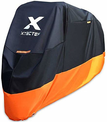 Picture of XYZCTEM Motorcycle Cover - All Season Waterproof Outdoor Protection - Precision Fit up to 108 Inch Tour Bikes, Choppers and Cruisers - Protect Against Dust, Debris, Rain and Weather(XXL,Black& Orange)