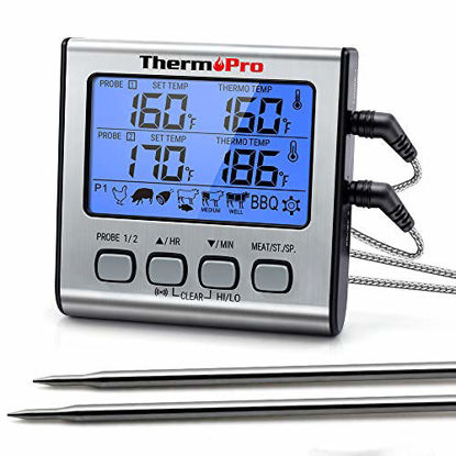 Picture of ThermoPro TP-17 Dual Probe Digital Cooking Meat Thermometer Large LCD Backlight Food Grill Thermometer with Timer Mode for Smoker Kitchen Oven BBQ, Silver