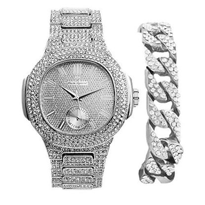 Picture of Bling-ed Out Cuban Bracelet with Oblong Silver Iced Look Hip Hop Watch - 8475BC Cuban Silver