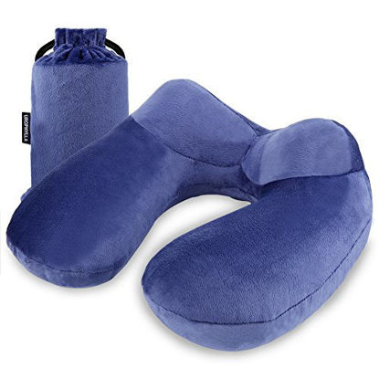 Picture of UROPHYLLA Inflatable Travel Pillow, Soft Velvet Inflatable Travel Neck Pillow for Airplanes, Train, Car, Home and Office with Packsack & Comfortable Velvet - Blue