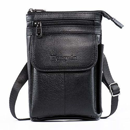 Picture of Hwin Men Travel Shoulder Bag Cell Phone Crossbody Purse iPhone 8 7 6 Plus Holster Case Leather Belt Waist Pouch Small Messenger Bag for Samsung Galaxy Note 10+ 9 8 S20 Ultra S10+ S9 S8 Plus LG G6/V30