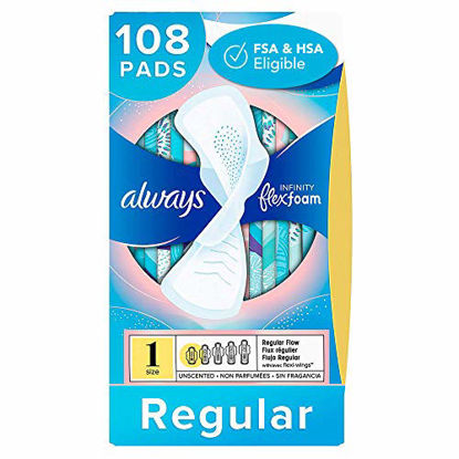 Picture of Always Infinity Feminine Pads for Women, Size 1, 108 Count, Regular Absorbency, with Wings, Unscented (36 Count, Pack of 3-108 Count Total)