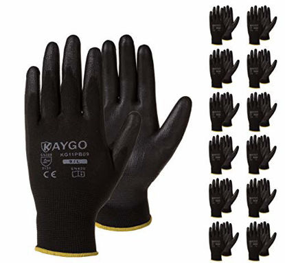 Picture of Safety Work Gloves PU Coated-12 Pairs,KAYGO KG11PB, Seamless Knit Glove with Polyurethane Coated Smooth Grip on Palm & Fingers, for Men and Women, Ideal for General Duty Work (X-Large, Black)