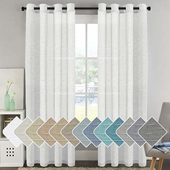 Picture of Window Treatments Linen Curtain Panels Open Weave White - Natural Linen Blended Sheer Curtains with Nickel Grommet for Living Room, Privacy Assured (52 by 96 Inch, Set of 2)