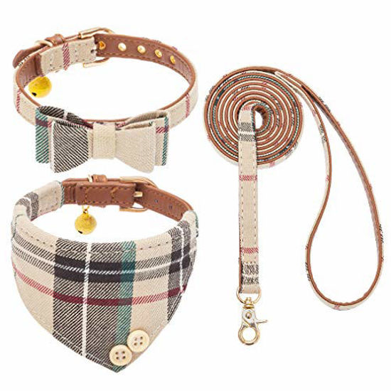 Picture of EXPAWLORER Bow Tie Dog Collar and Leash Set Classic Plaid Adjustable Dogs Bandana and Collars with Bell for Puppy Cats 3 PCS