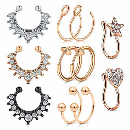 Picture of JFORYOU 11 Pcs Nose Rings Fake Stainless Steel Inlaid CZ Faux Piercing Jewelry Fake Nose Ring Spring Clip on Circle Hoop No Pierced Septum Nose Ring Women Men