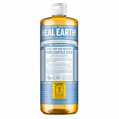 Picture of Dr. Bronners - Pure-Castile Liquid Soap (Baby Unscented, 32 ounce) - Made with Organic Oils, 18-in-1 Uses: Face, Hair, Laundry and Dishes, For Sensitive Skin and Babies, No Added Fragrance, Vegan