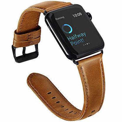 Picture of ALADRS Leather Bands Compatible with Apple Watch Band 44mm 42mm, Watch Strap Replacement for iWatch Series 6 5 4, SE (44mm) Series 3 2 1 (42mm), Brown