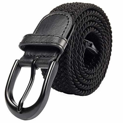 Picture of Braided Stretch Elastic Belts | Pin Oval Solid Black Belt Buckle | PU Loop End Tip Men/Women/Junior (Black, XXX-Large 48"-50" (55" Length))