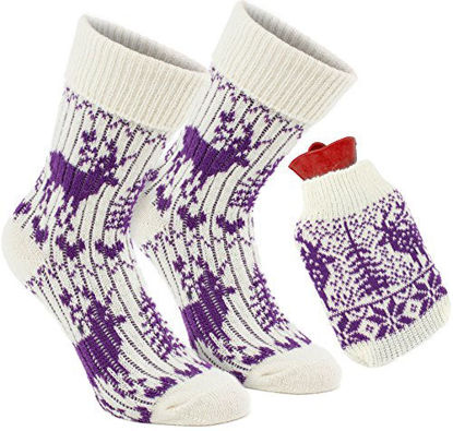 Picture of 1 Pair of Norwegian Knit Socks with Hot Water Bottle - Purple White - One Size