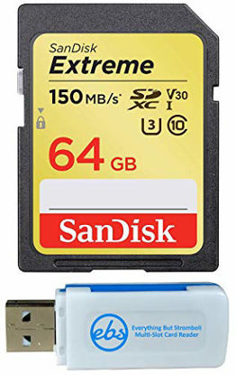 Picture of SanDisk 64GB SDXC SD Extreme Memory Card Works with Canon EOS 77D, 80D, 70D, 6D, 60D Digital DSLR Camera 4K V30 U3 (SDSDXVE-064G-GNCIN) Bundle with (1) Everything But Stromboli Combo Card Reader