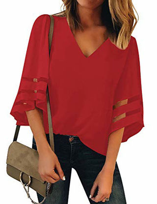 Picture of LookbookStore Women's Red V Neck Casual Mesh Panel Blouse 3/4 Bell Sleeve Solid Color Loose Top Shirt Size L(US 12-14)
