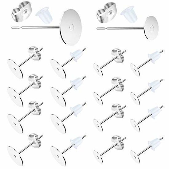 Total 200 Pieces 100 Pieces Stainless Steel Earrings Posts Flat Pad with 100 Pieces Earring Backs for Earring Making Findings 2 Size