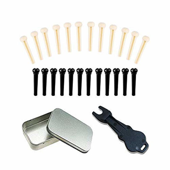 Picture of 24pcs Acoustic Guitar Bridge Pins Pegs with 1pc Bridge Pin Puller Remover, Ivory & Black-Jinlop