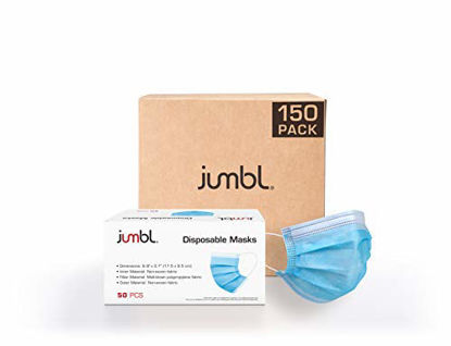 Picture of Jumbl Blue Disposable Face Masks Pack of 150 | Protective 3-Ply Breathable Comfortable Nose/Mouth Coverings for Home & Office | Elastic Ear Loop 3-Layer Safety Shield for Adults/Kids | Ships from USA
