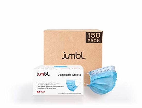 Picture of Jumbl Blue Disposable Face Masks Pack of 150 | Protective 3-Ply Breathable Comfortable Nose/Mouth Coverings for Home & Office | Elastic Ear Loop 3-Layer Safety Shield for Adults/Kids | Ships from USA