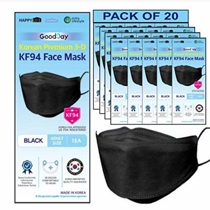 Picture of [Happy Life] 20pcs Premium 3D Disposable KF94 Face Mask, KF94 Mask, Black KF94, Unisex Adult, 4-Layer Filters, Individual Packs, Dust Mask, Men, Women, Made in Korea. (20)