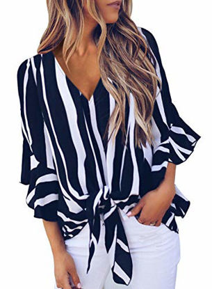 Picture of Asvivid Womens Striped Printed V Neck Tops Fall Flared Long Bell Sleeve Blouses Casual Tie Knot Ladies T-Shirt XXL Black