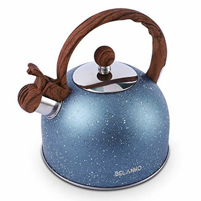 Picture of Tea Kettle, 2.3 Quart Tea Pot BELANKO Whistling Water Kettle, Food Grade Stainless Steel Teapot for Stovetops Gas Electric Induction with Wood Pattern Handle Loud Whistle - Blue