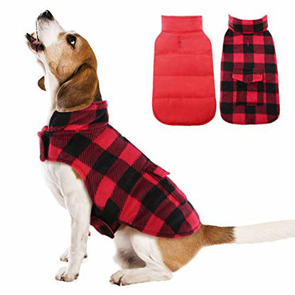 Picture of Kuoser British Style Plaid Dog Winter Coat, Windproof Cozy Cold Weather Dog Coat Dog Apparel Dog Jacket Dog Vest for Small Medium and Large Dogs with Pocket & Leash Hook Red L
