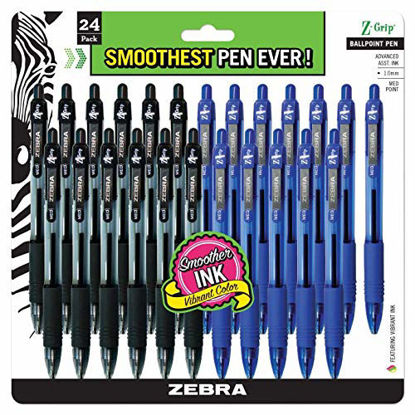 Picture of ZEBRA PENS, bulk pack of 24 ink pens, Z-Grip Retractable ballpoint pens Medium point 1.0 mm, 12 black pens & 12 Blue pens combo pack