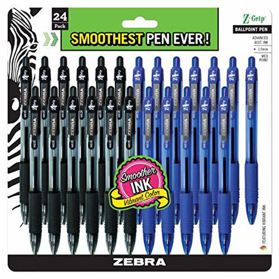 Picture of ZEBRA PENS, bulk pack of 24 ink pens, Z-Grip Retractable ballpoint pens Medium point 1.0 mm, 12 black pens & 12 Blue pens combo pack