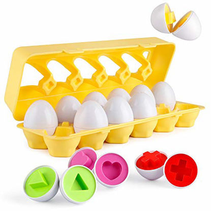 Picture of Coogam Matching Eggs 12 pcs Set Color & Shape Recoginition Sorter Puzzle for Easter Travel Bingo Game Early Learning Educational Fine Motor Skill Montessori Gift for 1 2 3 Years Old Toddlers Kids