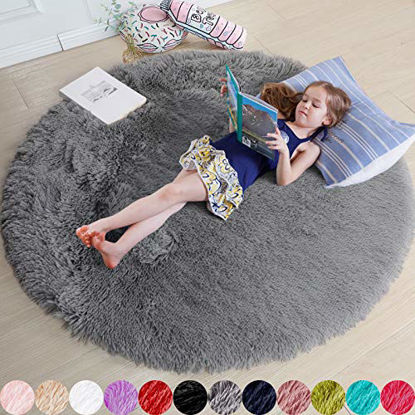 Picture of Gray Round Rug for Bedroom,Fluffy Circle Rug 4'X4' for Kids Room,Furry Carpet for Teen's Room,Shaggy Circular Rug for Nursery Room,Fuzzy Plush Rug for Dorm,Grey Carpet,Cute Room Decor for Baby
