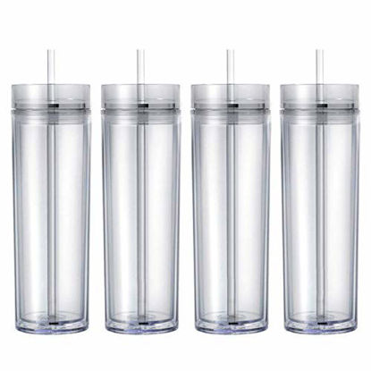 Picture of Maars Drinkware Double Wall Insulated Skinny Acrylic Tumblers with Straw and Lid, 16 oz. (4 pack, Clear)