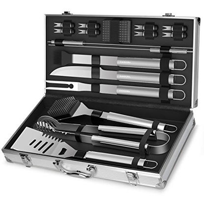 Picture of KANGORA Professional BBQ Grill Utensils w/Storage Case (18-Piece Set) Stainless Steel Barbecue Tools | Outdoor Cooking Accessories | Spatula, Tongs, Cleaning Brush, Baster & More