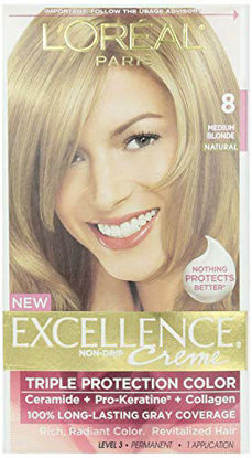 Picture of L'Oreal Paris Excellence Creme Permanent Hair Color, 8 Medium Blonde, 100 percent Gray Coverage Hair Dye, Pack of 1