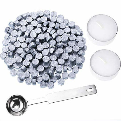 Picture of Hestya 230 Pieces Octagon Sealing Wax Beads Sticks with 2 Pieces Tea Candles and 1 Piece Wax Melting Spoon for Wax Stamp Sealing (Silver)