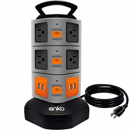 Picture of Power Strip Tower, ANKO 3000W 13A 16AWG Surge Protector Electric Charging Station, 10 Outlet Plugs with 4 USB Slot 6feet Cord Wire Extension Universal Charging Station (1-Pack)