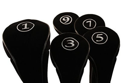 Picture of Black Golf Zipper Head Covers Driver 1 3 5 7 9 Fairway Woods Headcovers Metal Neoprene Traditional Plain Protective Covers Fits All Fairway Clubs