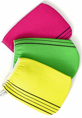 Picture of Bastex Exfoliating Bath Washcloth. Genuine Korean Towel Cloth Used for Exfoliating. Exfoliator Scrub Mitten for Bath and Shower Use - 3 Pieces (6.7 inch x 5.2 inch). Comes in Yellow, Pink and Green