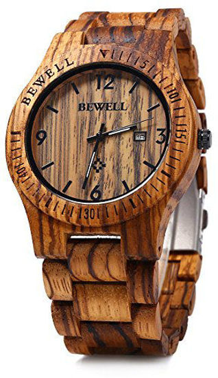 Picture of Bewell ZS-W086B Mens Wooden Watch Analog Quartz Movement Date Display Lightweight Wood Wrist Watch (Zebra Wood)
