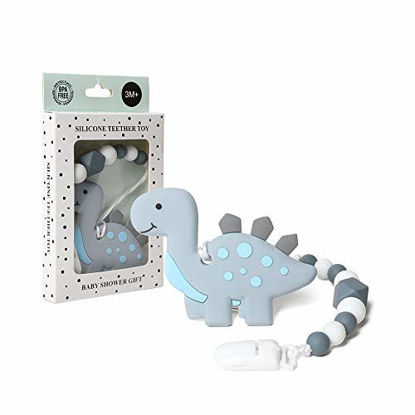 Picture of AmazingM Dinosaur Teething Pain Relief Toy with Pacifier Clip Holder Set for Newborn Babies,Food Grade BPA Free Silicone Teether,Freezer Safe,Neutral Baby Shower Gift for Boy and Girl