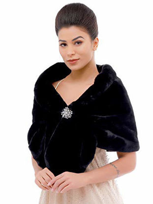 Picture of Aukmla Women's Brown Faux Fur Shawl Wedding Fur Wraps and Shawls Bridal Fur Stoles Scarf with Rhinestones Brooch for Bride and Bridesmaids (Black)