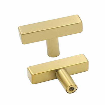 Picture of 10 Pack | goldenwarm Brushed Brass Cabinet Knobs Dresser Knob Gold Kitchen Hardware - LS1212GD Stainless Steel Single Hole Square Knobs for Cabinets T Knobs 2 inch (50mm) Overall Length