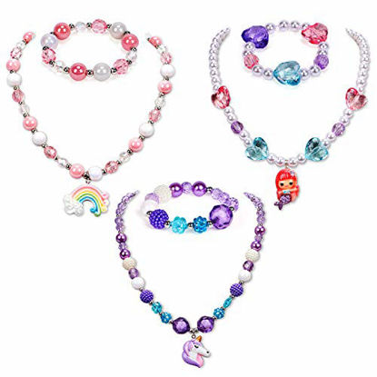 Picture of G.C 3 Sets Girl Princess Necklace Bracelet with Colorful Unicorn Mermaid Rainbow Pendant Kids Stretchy Chunky Costume Jewelry Gift Party Favors Dress up Jewelry for Little Girl Toddler(with Gift Box)