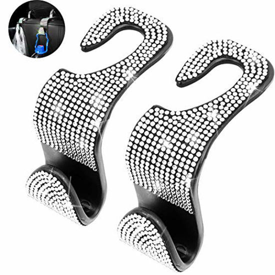 SINGYICO Bling Diamond Car Hooks - 4 Pack Headrest Hangers For Purse, Bag & Coat (White)