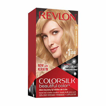 Picture of Revlon Colorsilk Beautiful Color Permanent Hair Color with 3D Gel Technology & Keratin, 100% Gray Coverage Hair Dye, 75 Warm Golden Blonde