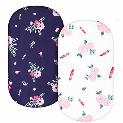 Picture of TILLYOU Microfiber Floral Bassinet Sheets for Girls, 32''x16'' Flexible for Different Cradle and Bassinet Mattress, Silky Soft Breathable Cozy Baby Cradle Sheets, 2 Pack Navy & Rose Floral