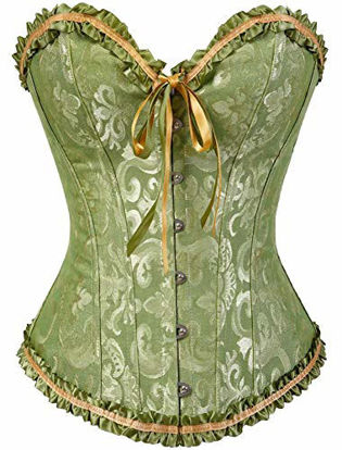 Picture of Women's Lacing Corset Top Satin Floral Boned Overbust Body Shaper Bustier Green M