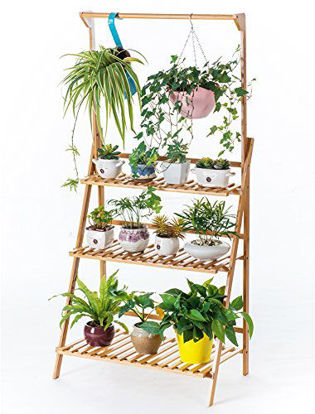 Picture of Bamboo 3-Tier Hanging Plant Stand Planter Shelves Flower Pot Organizer Storage Rack Folding Display Shelving Plants Shelf Unit Holder