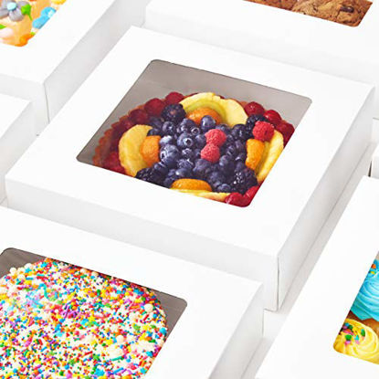 Picture of Super Elegant, Pro-Style 10in Bakery Box 25 Pk. Grease-Resistant 10x10x2.5 White Pastry Boxes with Window. Perfect for Desserts, Cakes, Cookies, Pies, Donuts. Great Gift Idea for Cute Homemade Treat